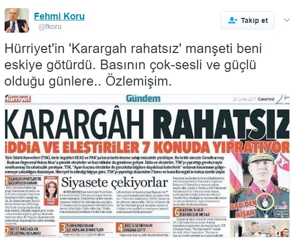 Fehmi Koru Hürriyet'in tartışmalı tweetini destekledi