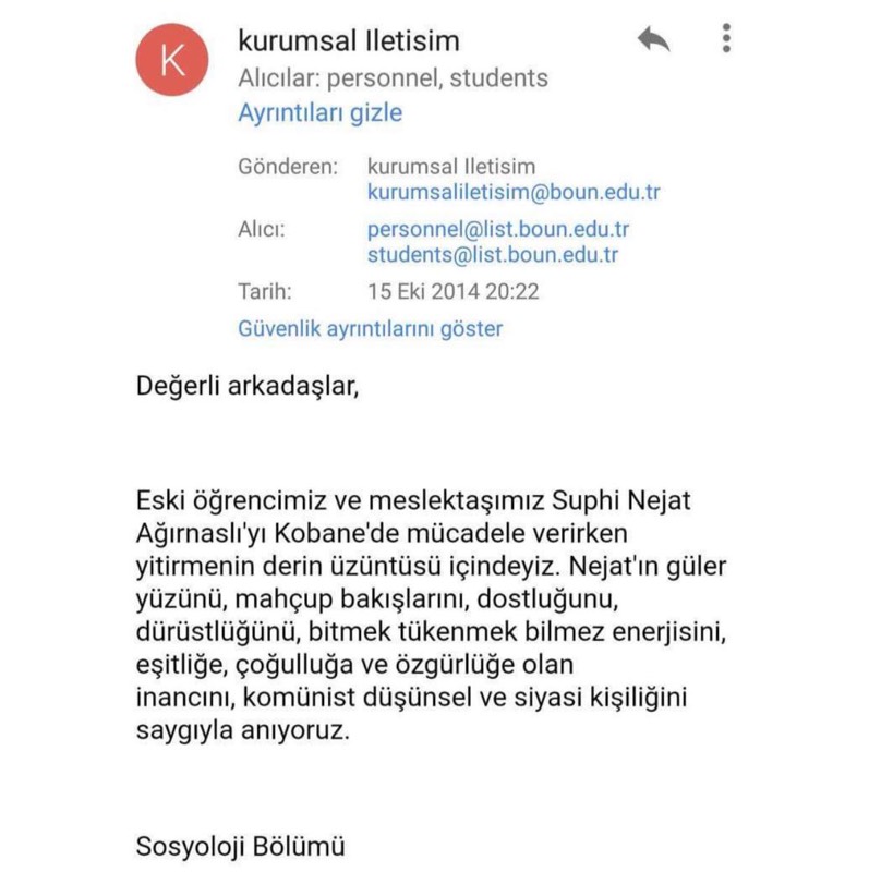Boğaziçi Üniversitesi'nin PKK sevgisini gösteren mail